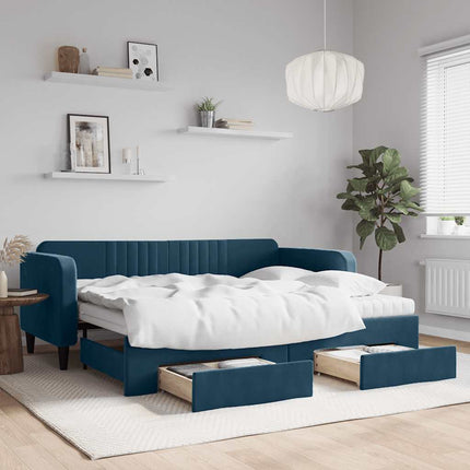 daybed med udtræk og skuffer 90x200 cm velour blå