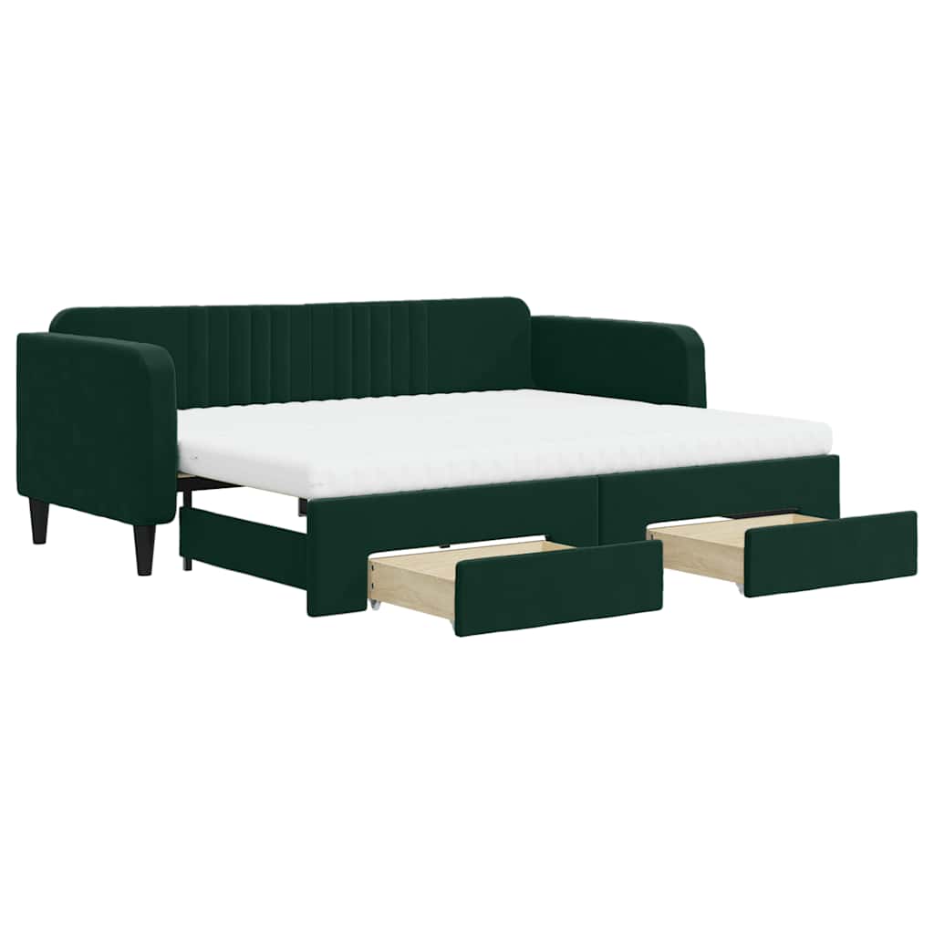 daybed med udtræk og skuffer 90x200 cm velour mørkegrøn