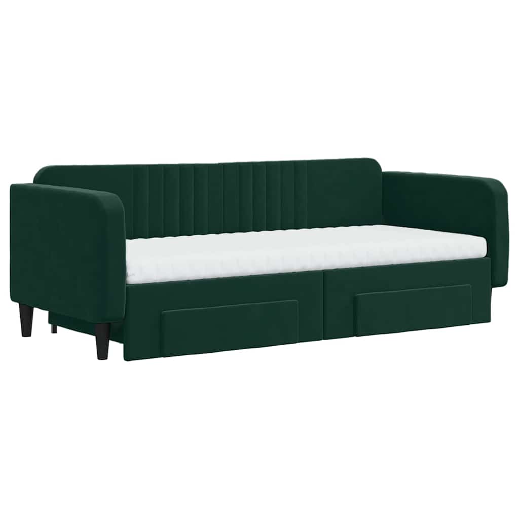 daybed med udtræk og skuffer 90x200 cm velour mørkegrøn