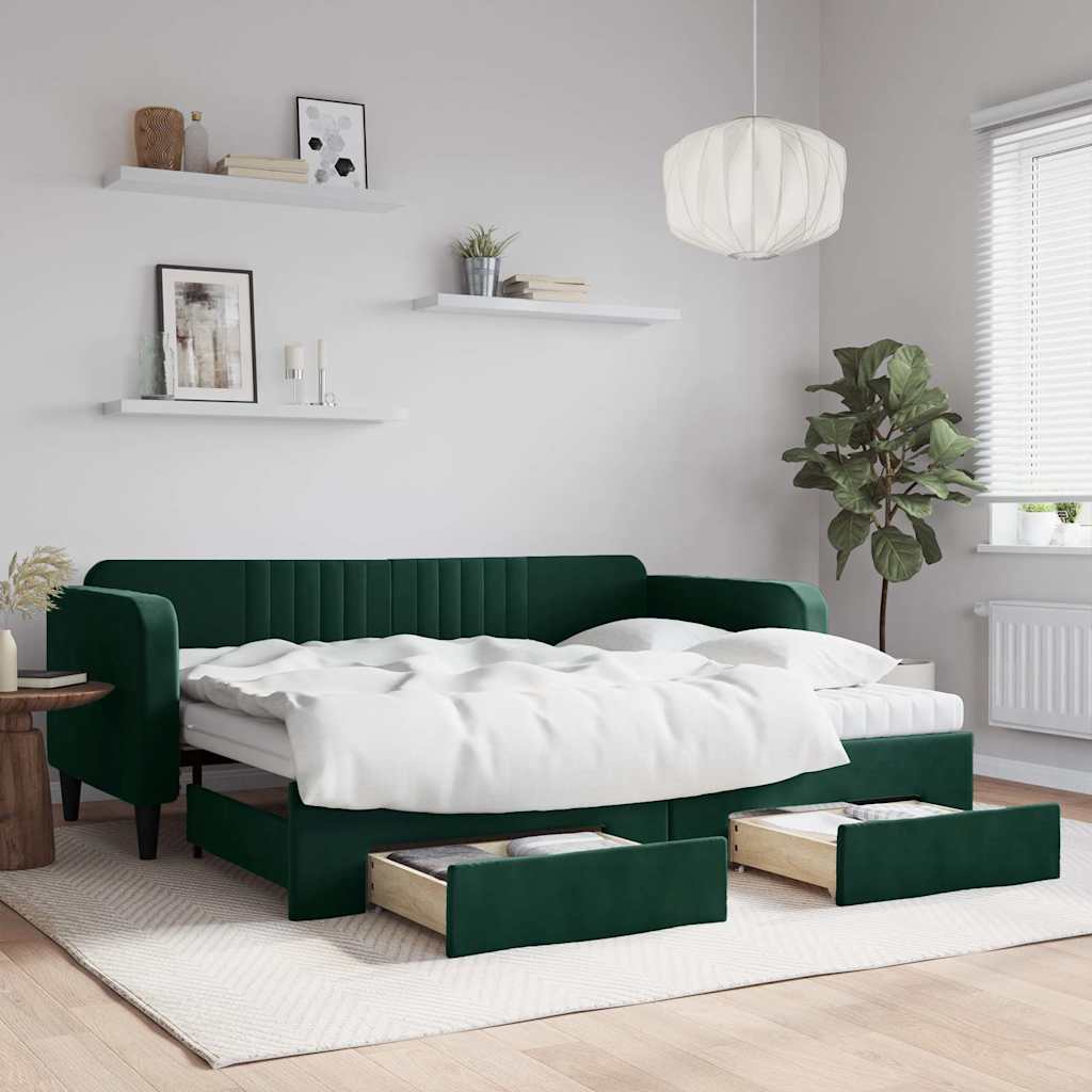 daybed med udtræk og skuffer 90x200 cm velour mørkegrøn billede