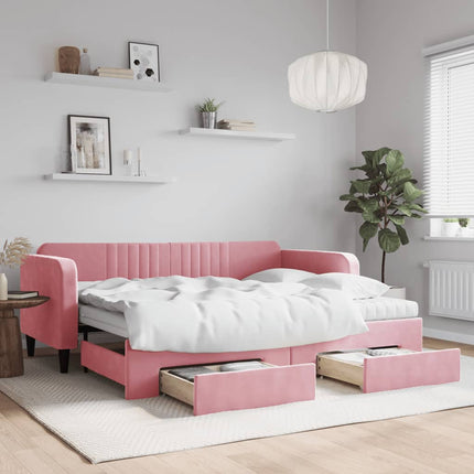 daybed med udtræk og skuffer 90x200 cm velour lyserød