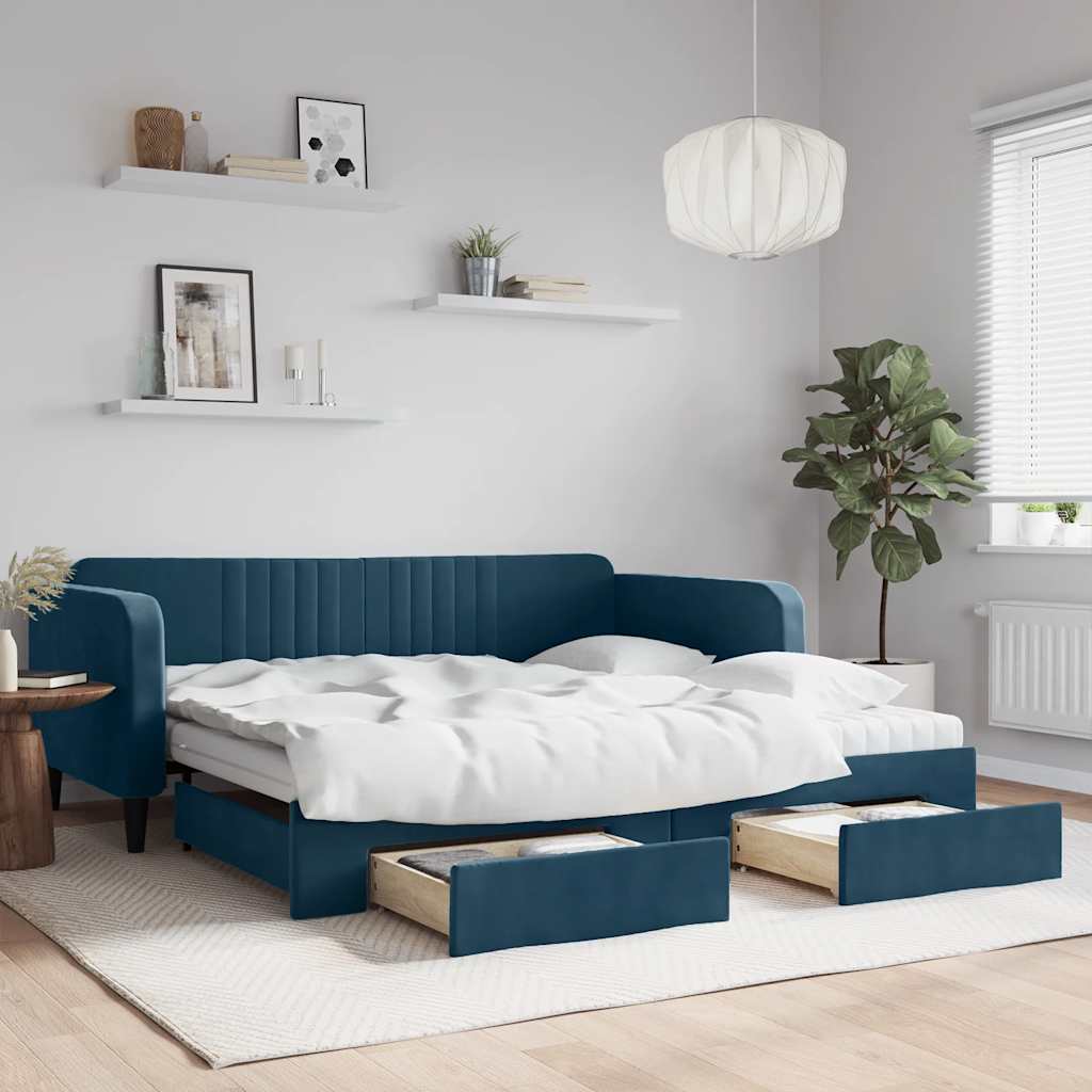 daybed med udtræk og skuffer 100x200 cm velour blå