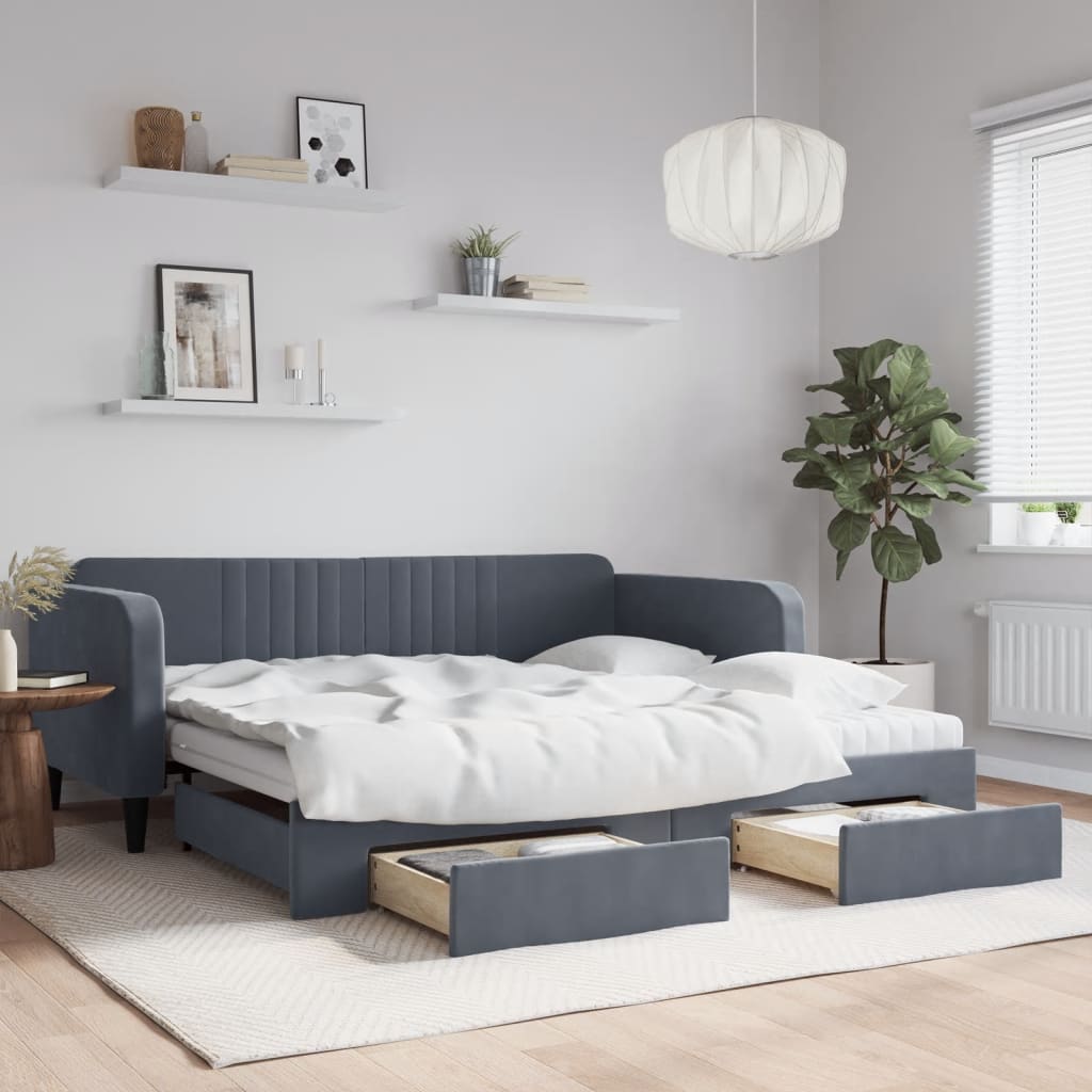 daybed med udtræk og skuffer 100x200 cm velour mørkegrå