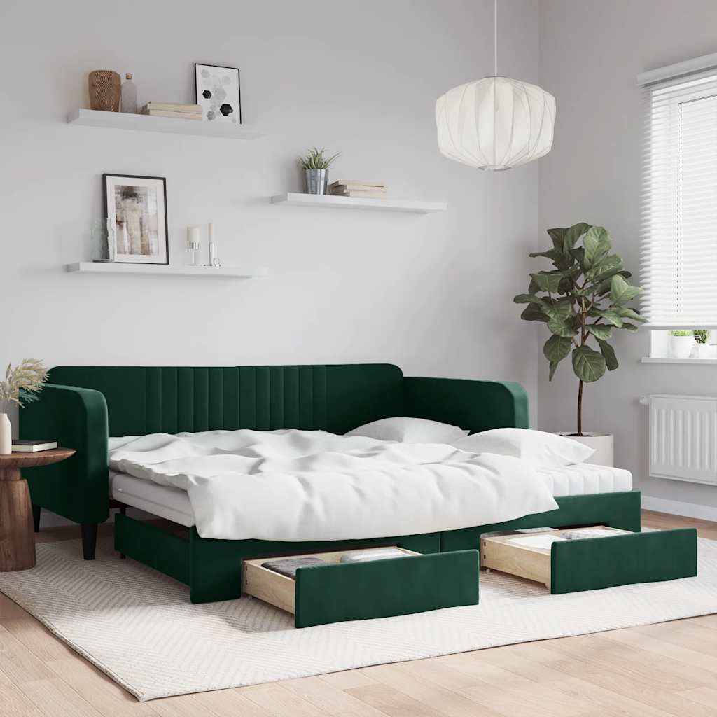 daybed med udtræk og skuffer 100x200 cm velour mørkegrøn billede