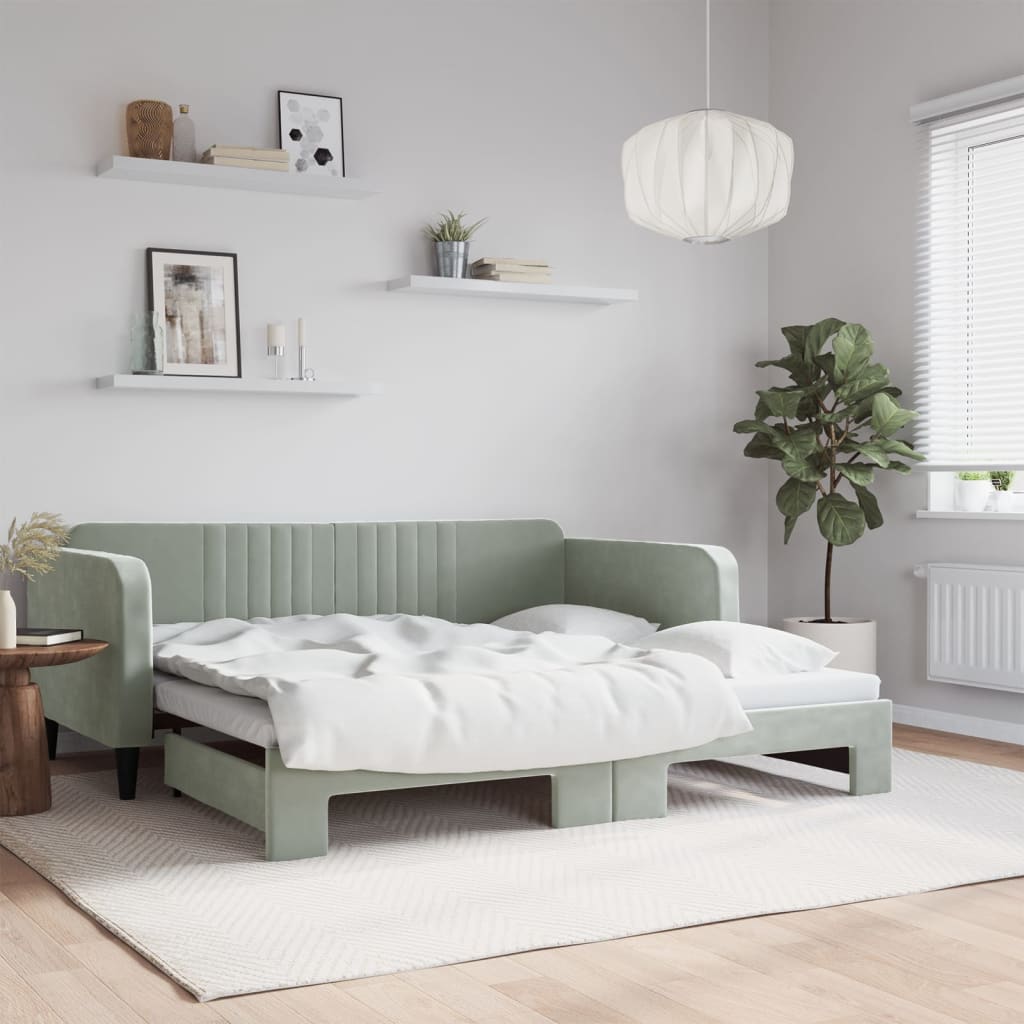 Daybed med udtræk 100×190 cm i velour - lysegrå