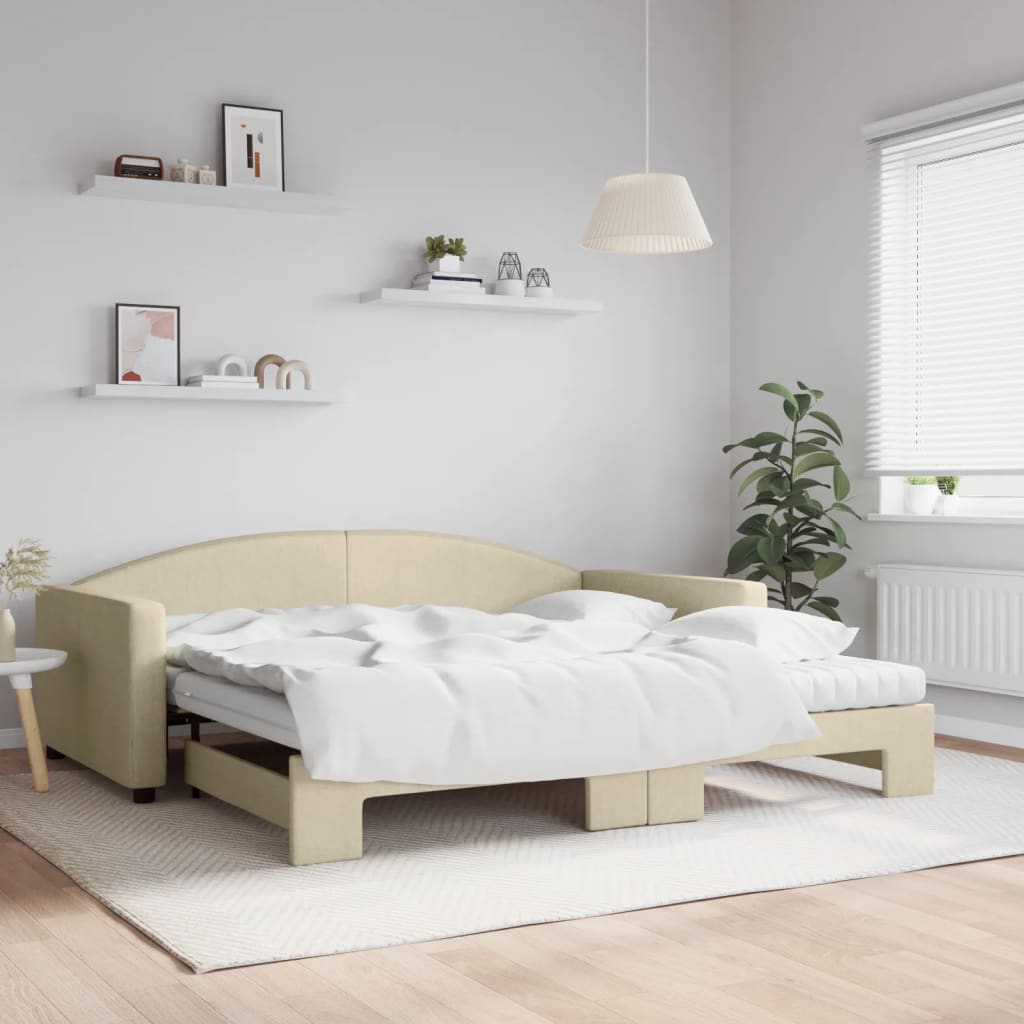 daybed med udtræk og madras 100x200 cm stof cremefarvet