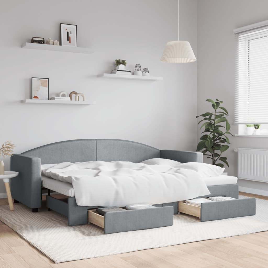 Daybed med udtræk og skuffer 80×200 cm - stof, lysegrå