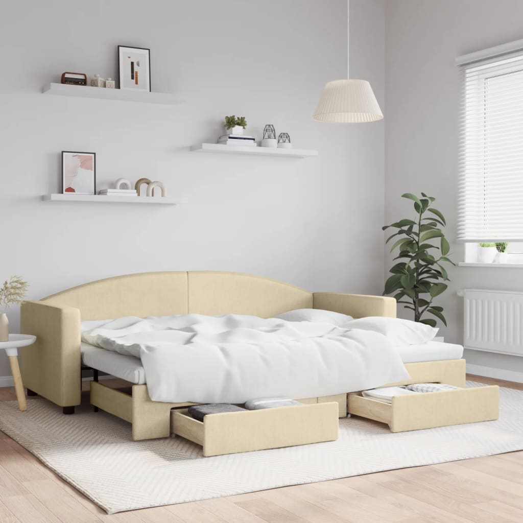 daybed med udtræk og skuffer 80x200 cm stof cremefarvet