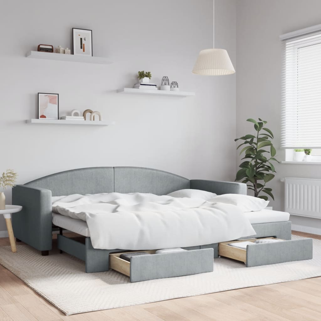 daybed med udtræk og skuffer 90x200 cm stof lysegrå