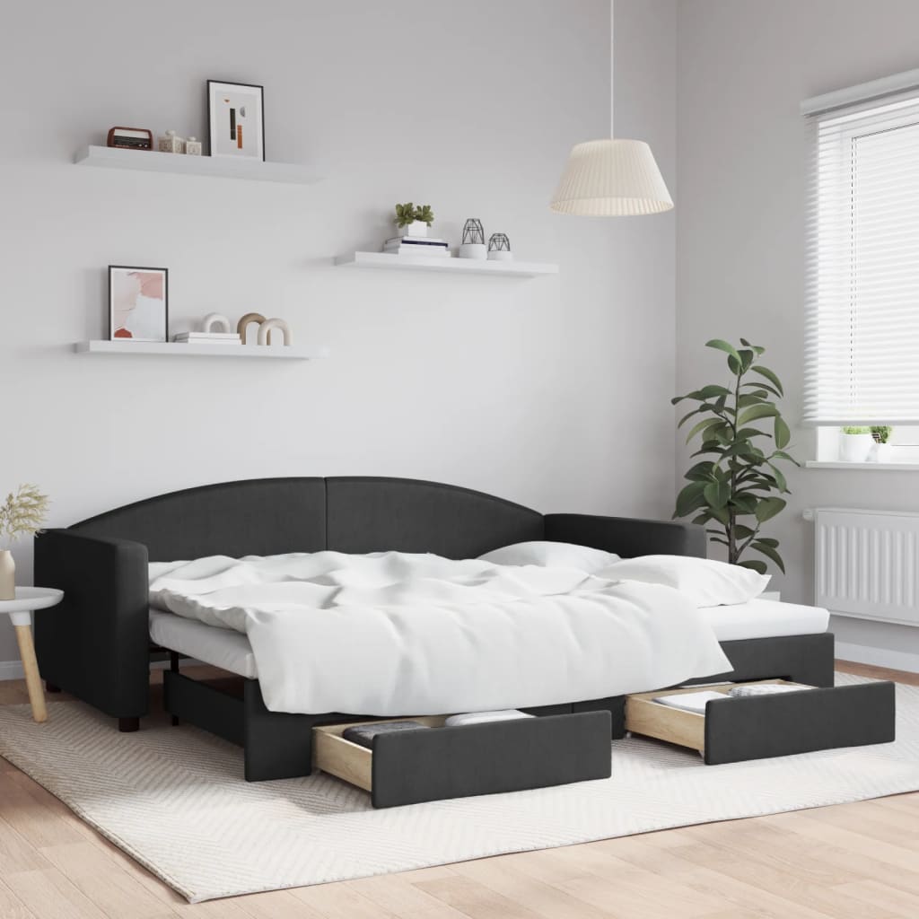 Daybed med udtræk og skuffer 80×200 cm - stof, sort