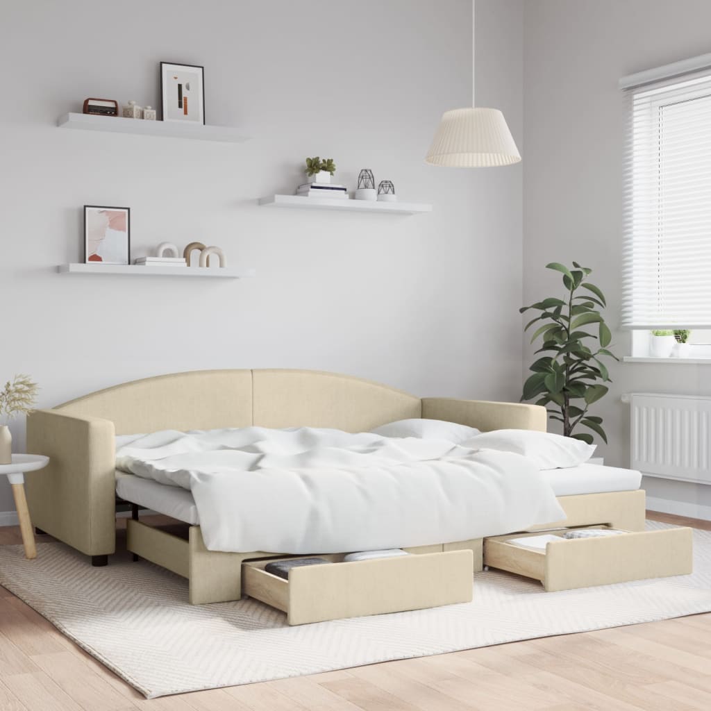 daybed med udtræk og skuffer 90x200 cm stof cremefarvet