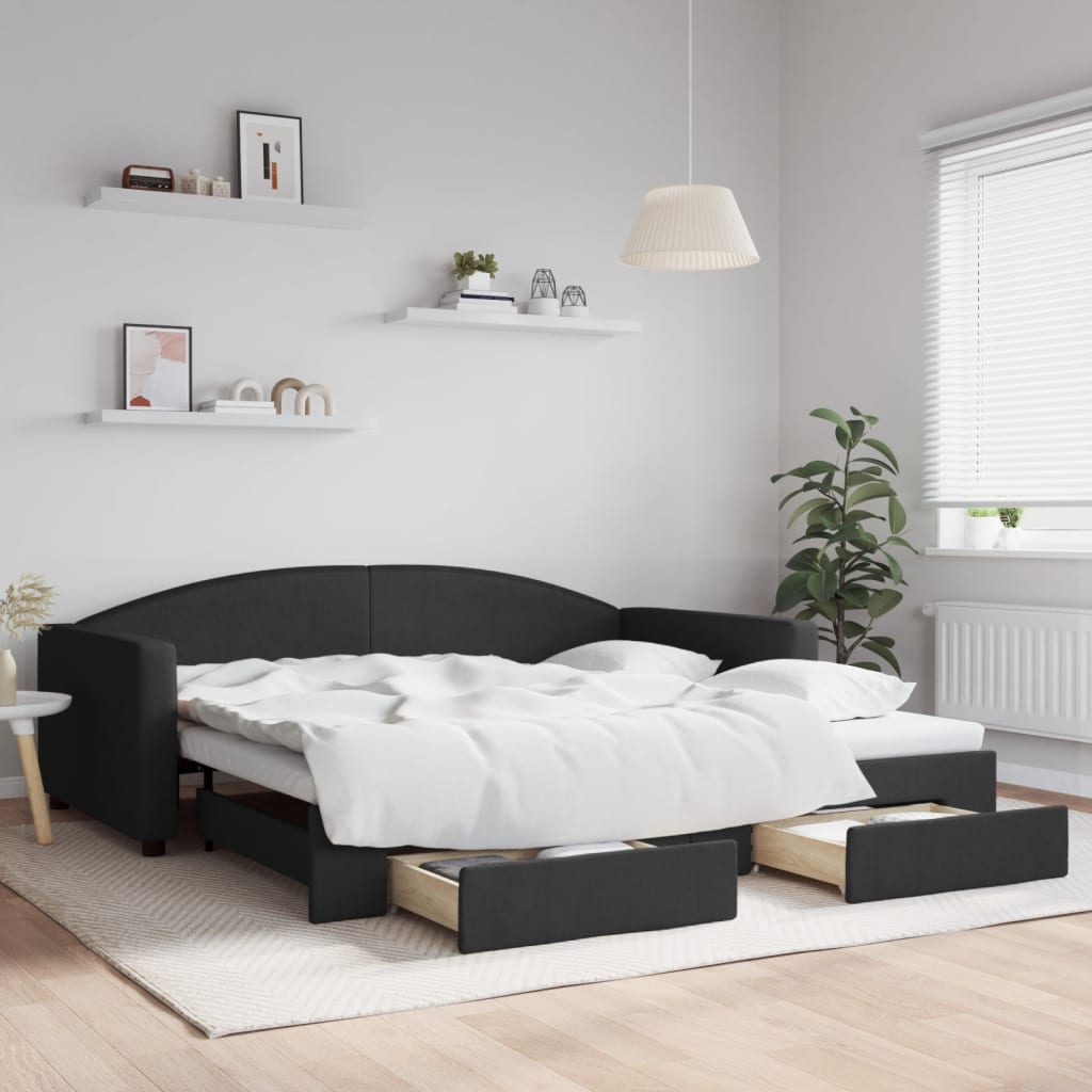 daybed med udtræk og skuffer 100x200 cm stof sort