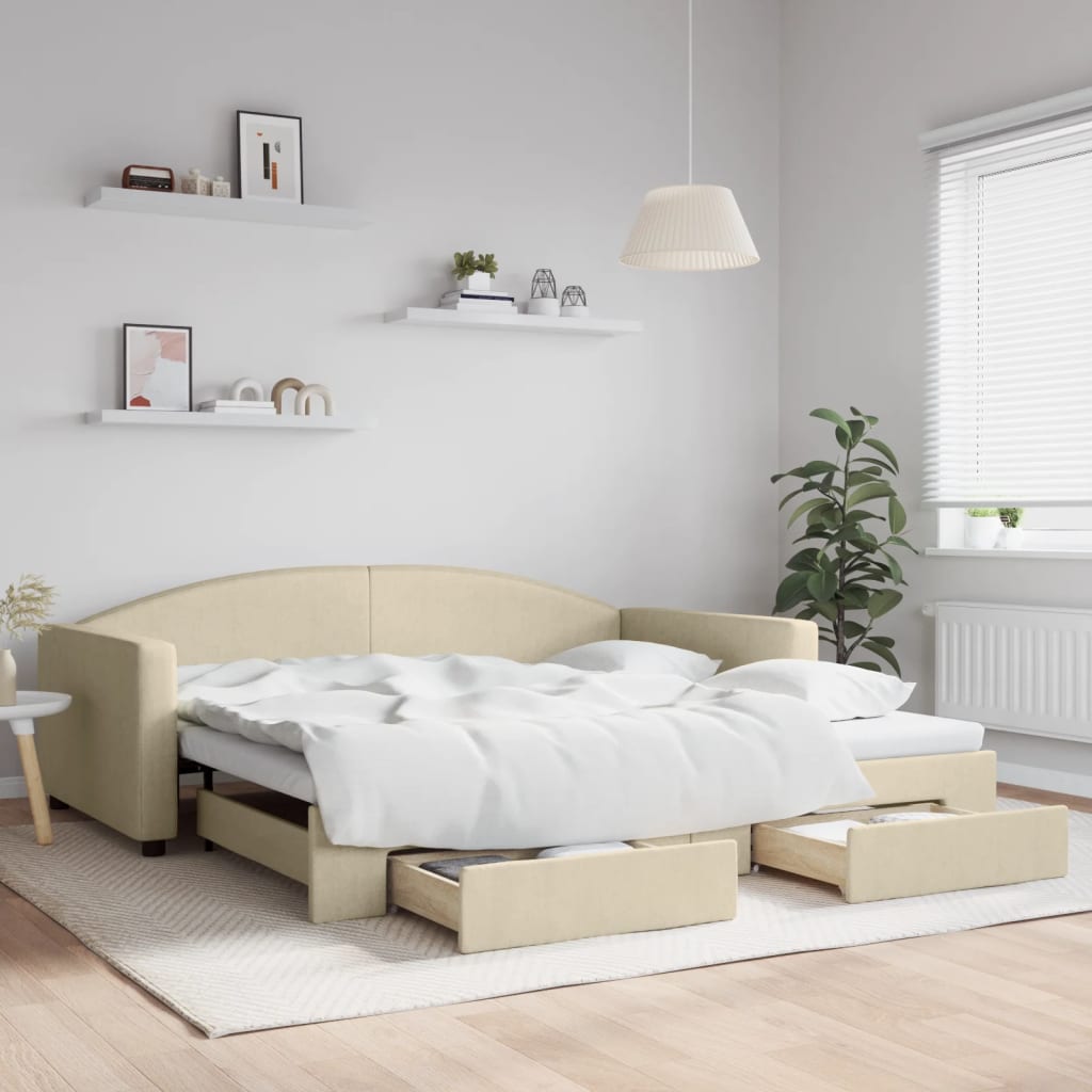 daybed med udtræk og skuffer 100x200 cm stof cremefarvet