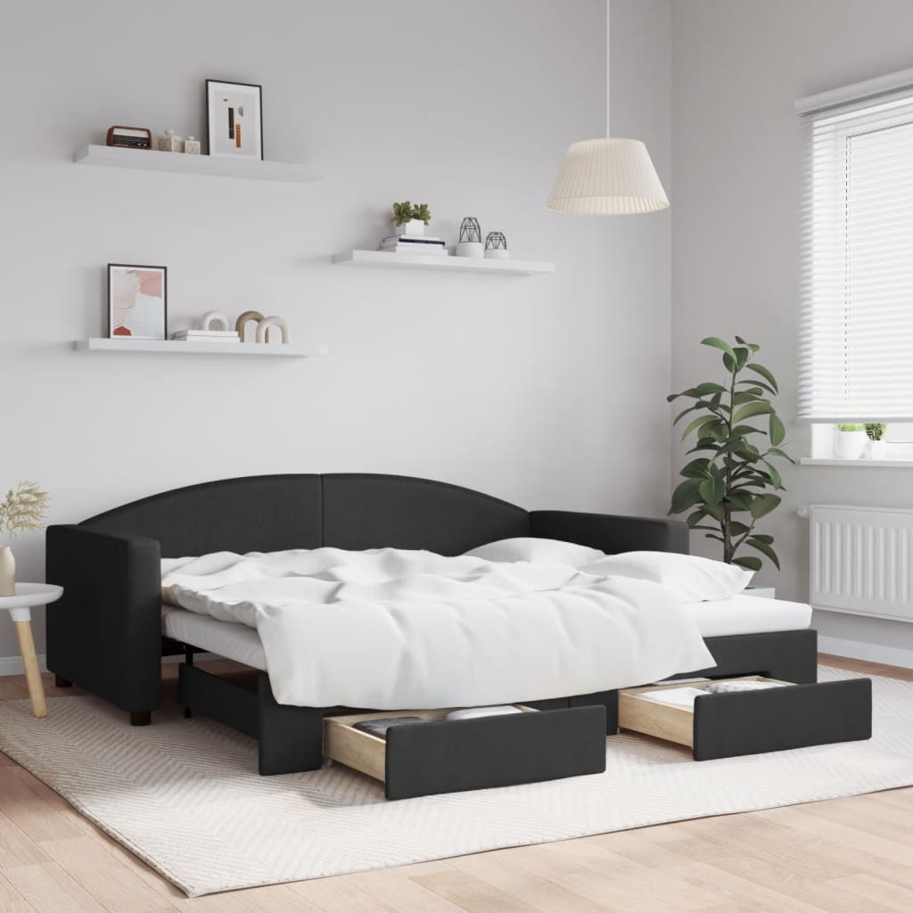 daybed med udtræk og skuffer 90x190 cm stof sort billede