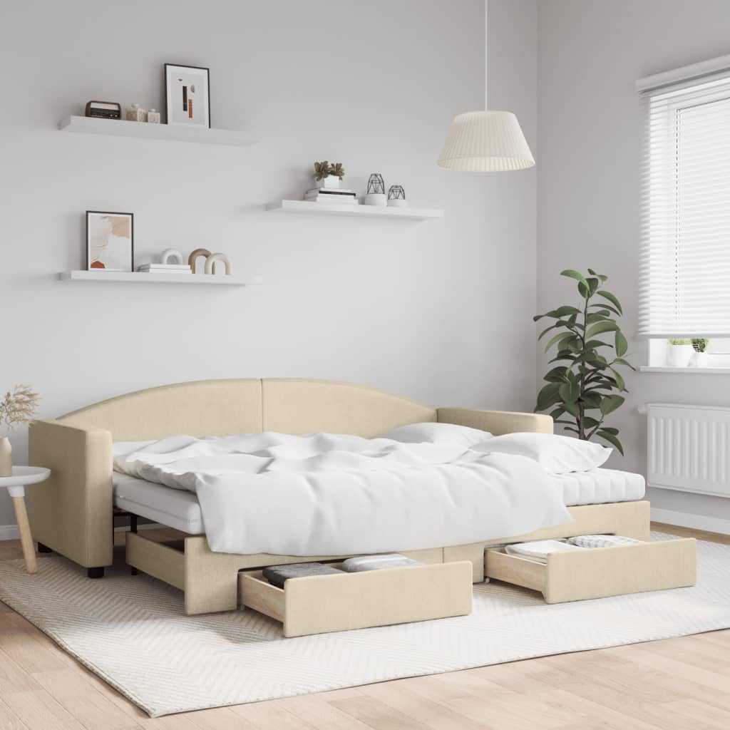 Daybed med udtræk og skuffer 80×200 cm - stof, cremefarvet