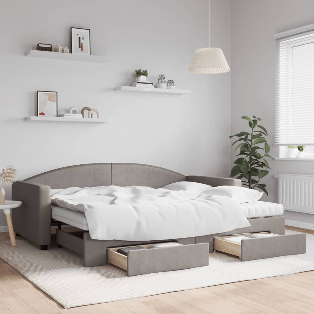 daybed med udtræk og skuffer 90x200 cm stof gråbrun