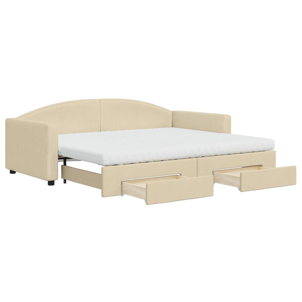 daybed med udtræk og skuffer 90x200 cm stof cremefarvet