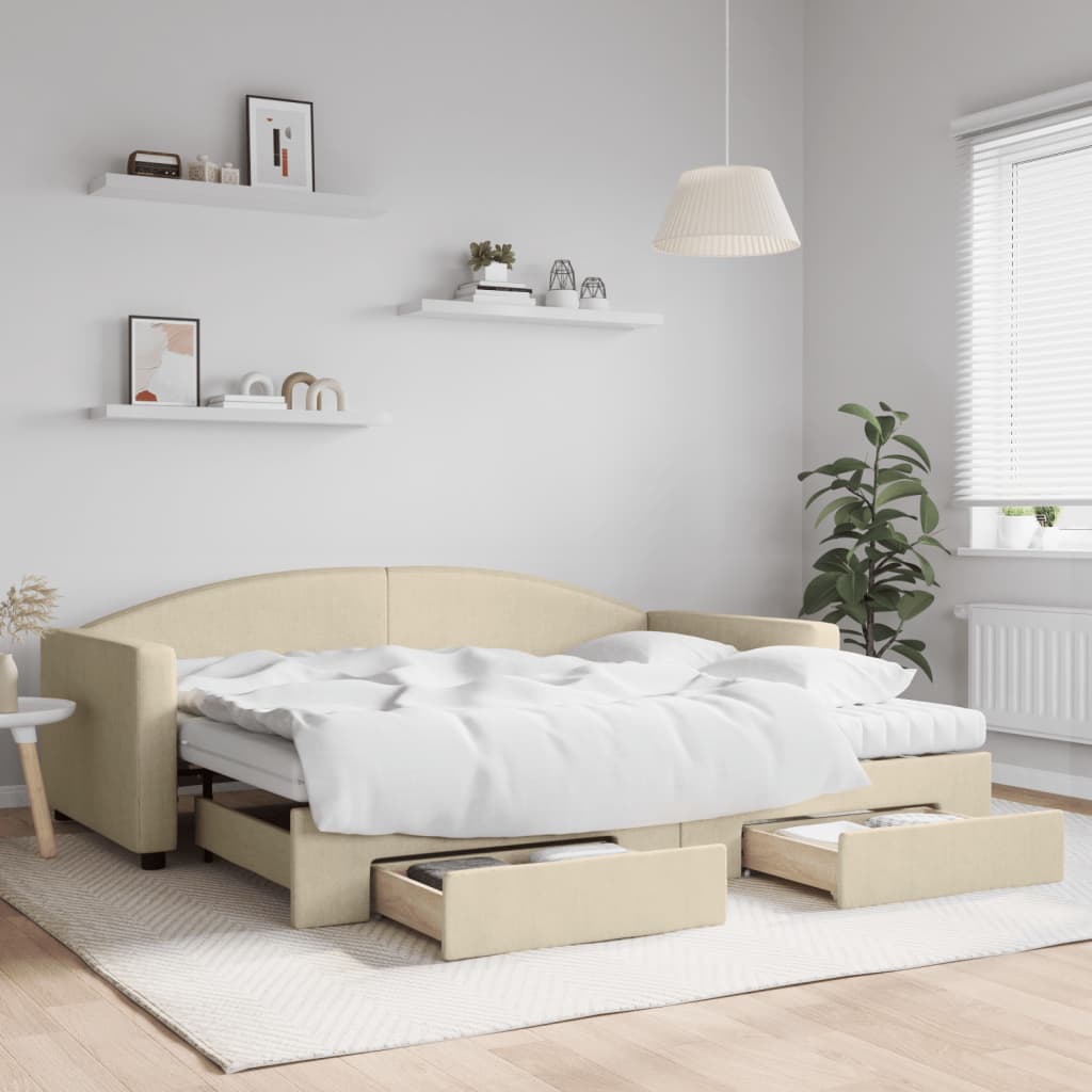 daybed med udtræk og skuffer 90x200 cm stof cremefarvet