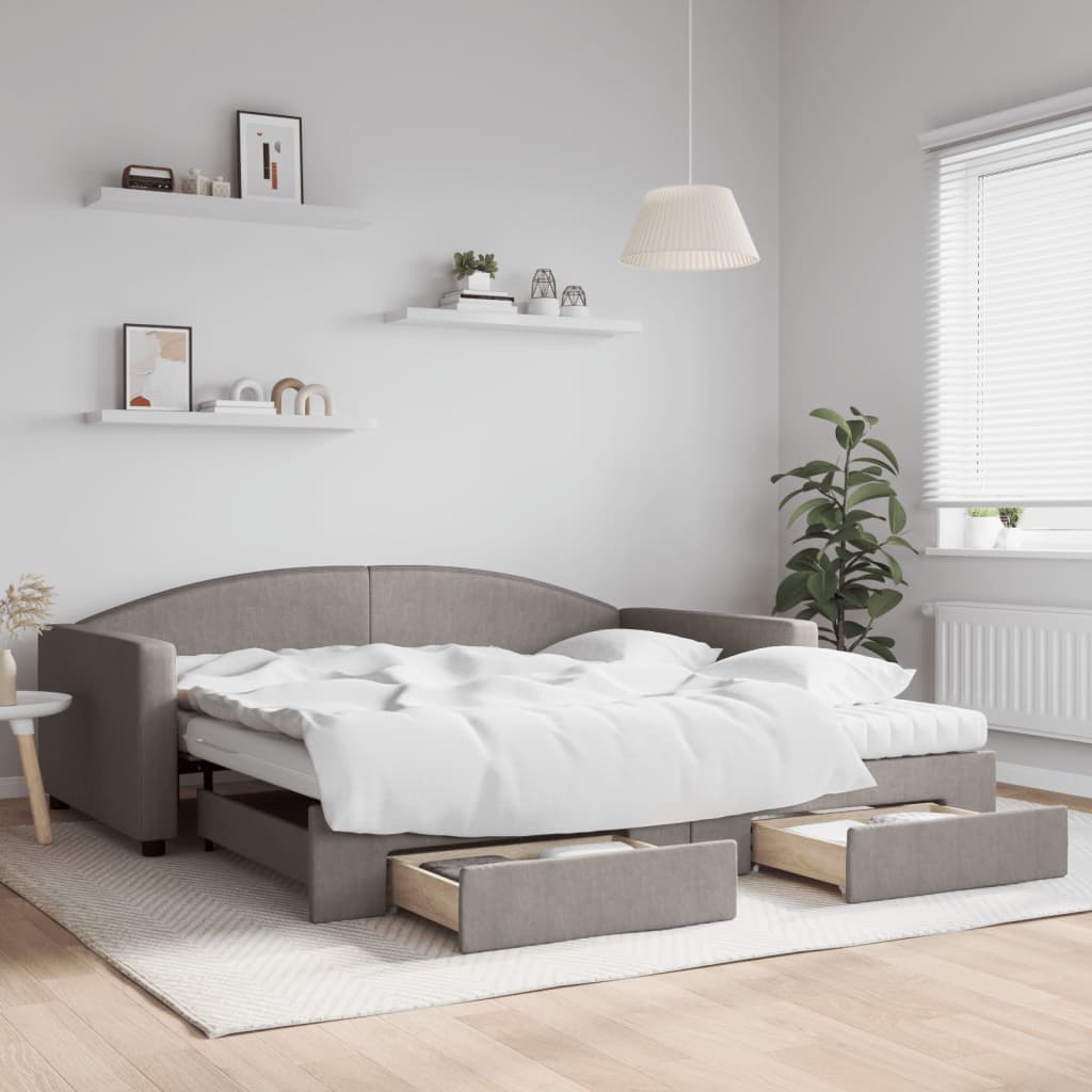 daybed med udtræk og skuffer 100x200 cm stof gråbrun