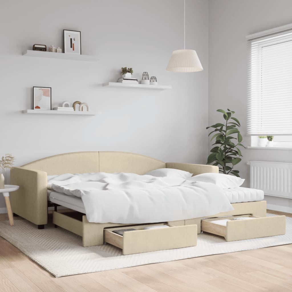 daybed med udtræk og skuffer 100x200 cm stof cremefarvet