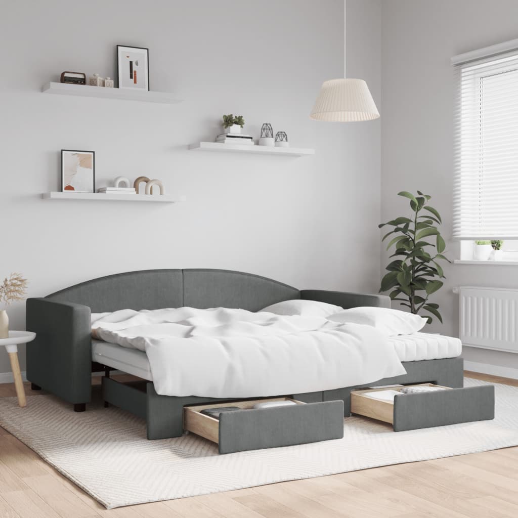 daybed med udtræk og skuffer 90x190 cm stof mørkegrå