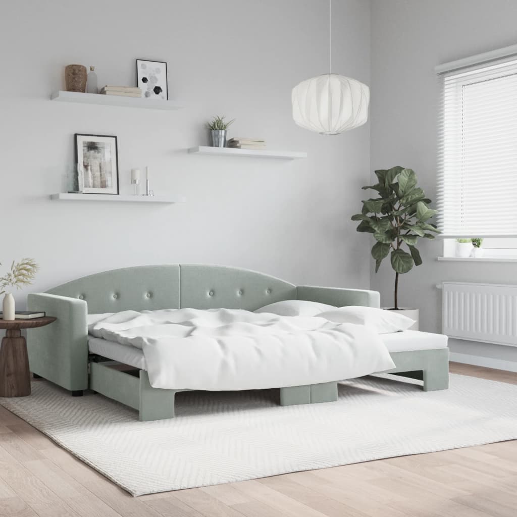 Daybed med udtræk 90 × 190 cm i velour - lysegrå