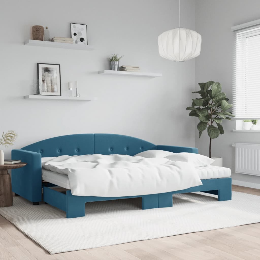 daybed med udtræk og madras 80x200 cm velour blå