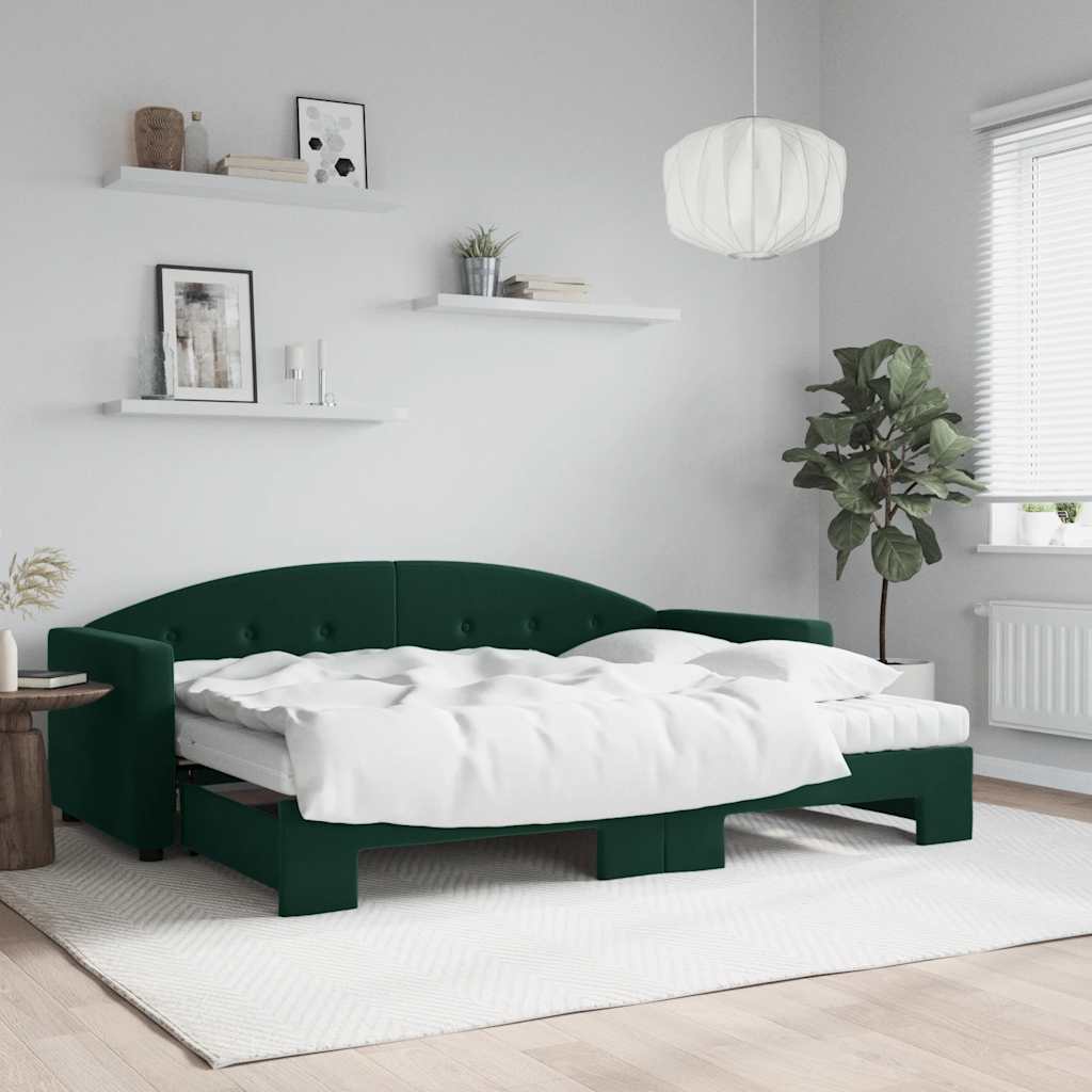 daybed med udtræk og madras 80x200 cm velour mørkegrøn