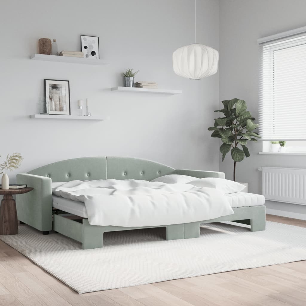 daybed med udtræk og madras 90x200 cm velour lysegrå billede