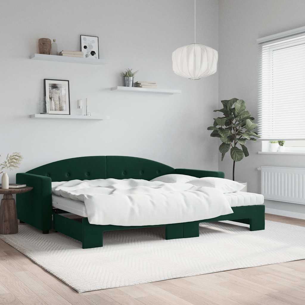 daybed med udtræk og madras 90x200 cm velour mørkegrøn