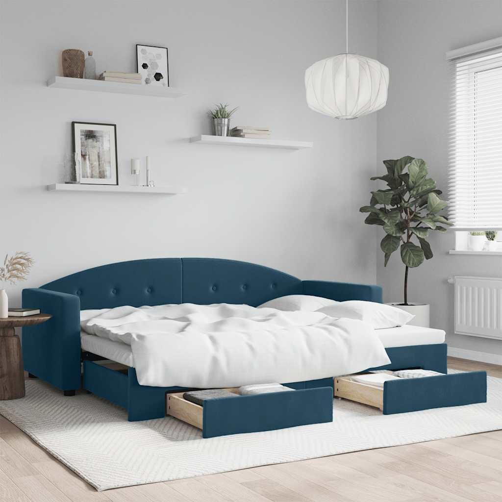daybed med udtræk og skuffer 80x200 cm stof blå billede