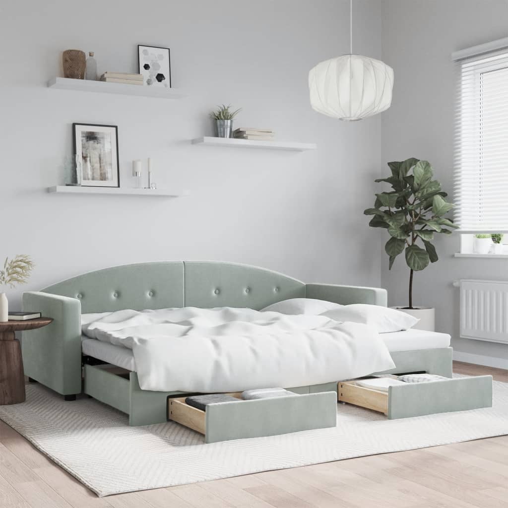 daybed med udtræk og skuffer 80x200 cm velour lysegrå