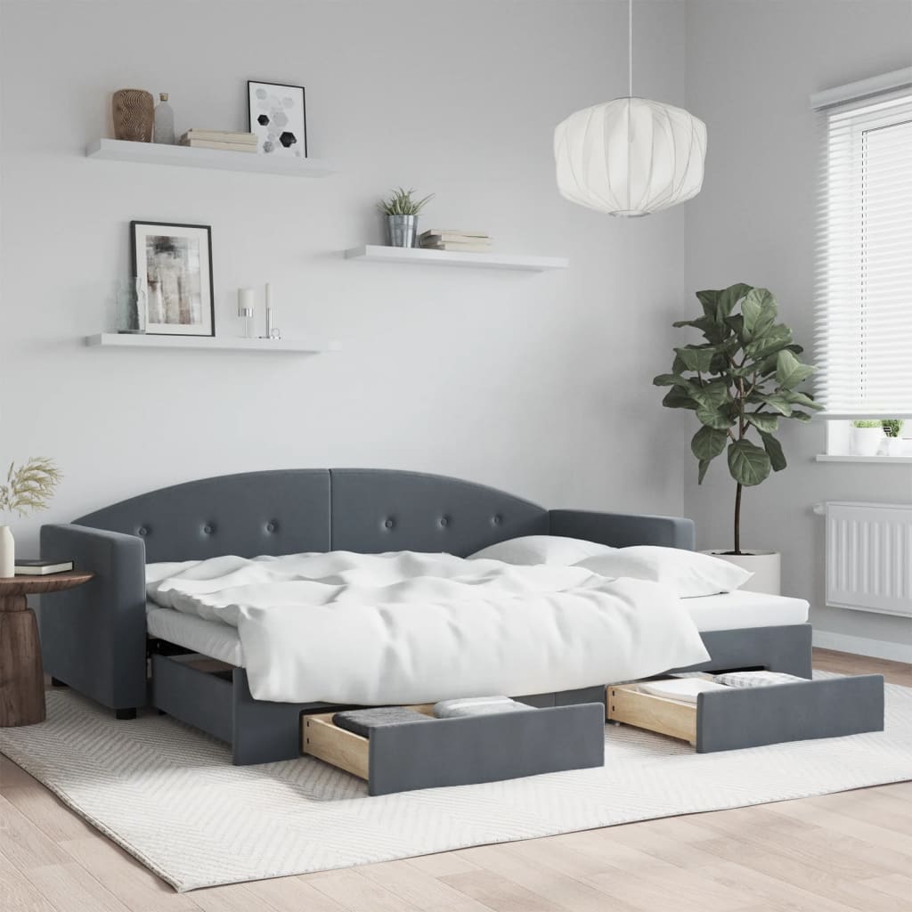Daybed Velour Mørkegrå - med udtræk og skuffe / 80 x 200 cm