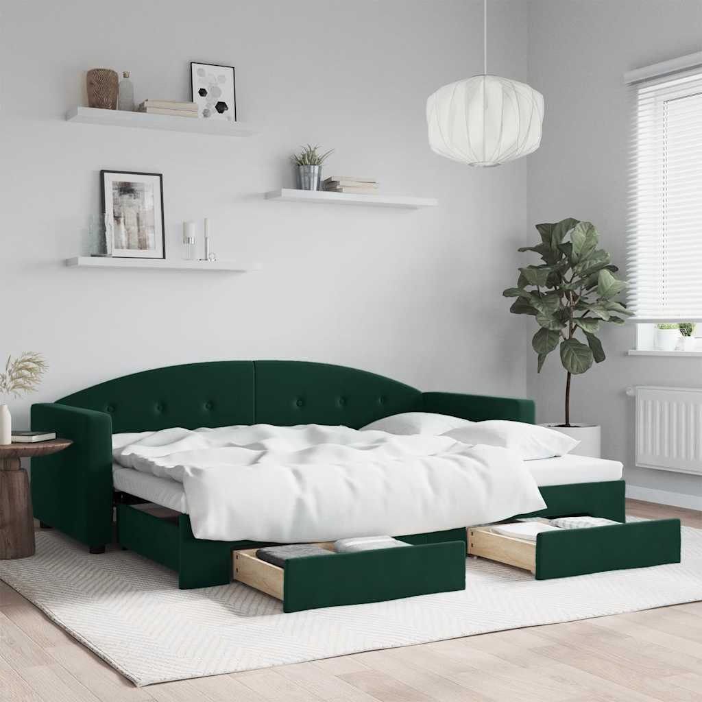 daybed med udtræk og skuffer 80x200 cm velour mørkegrøn