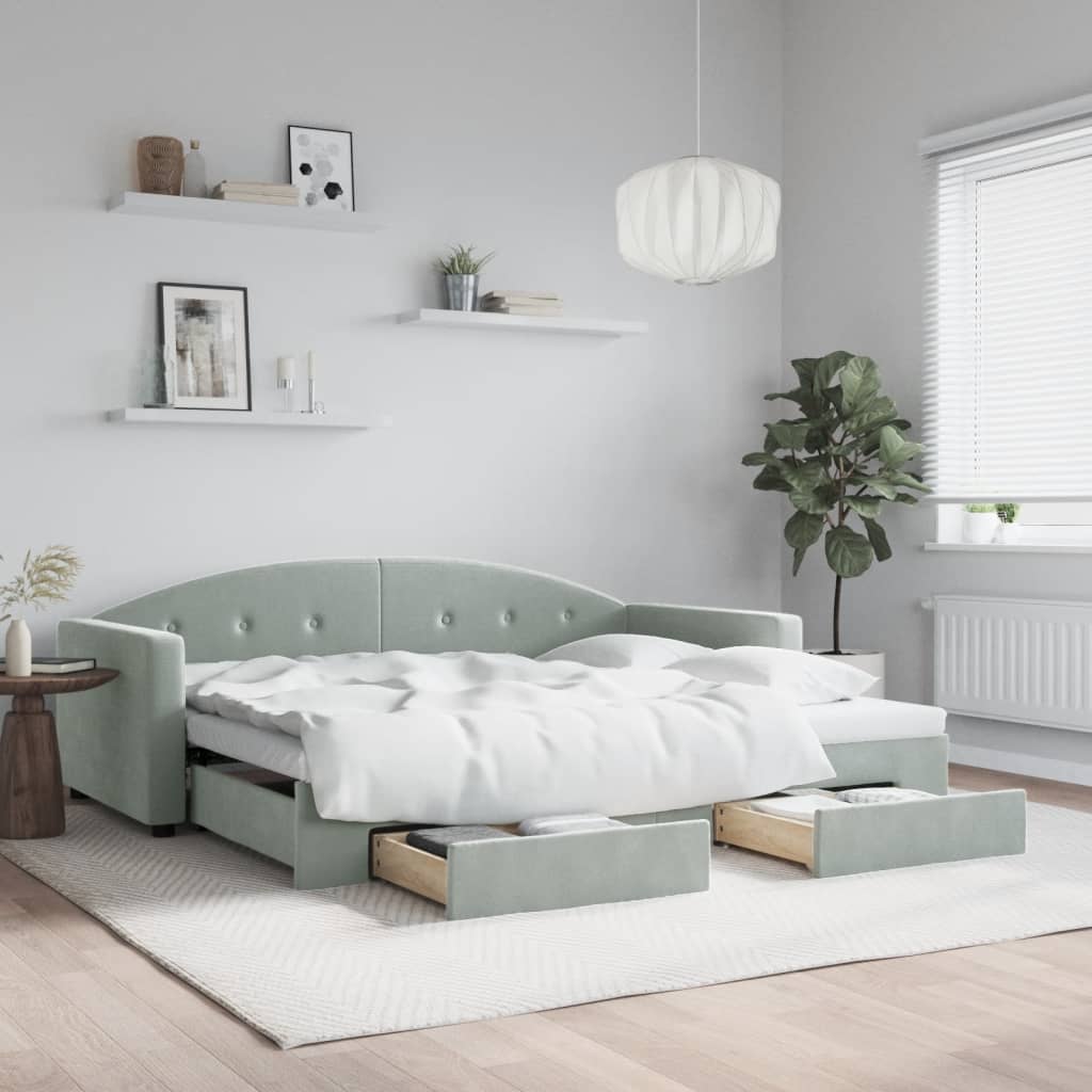daybed med udtræk og skuffer 90x200 cm velour lysegrå billede