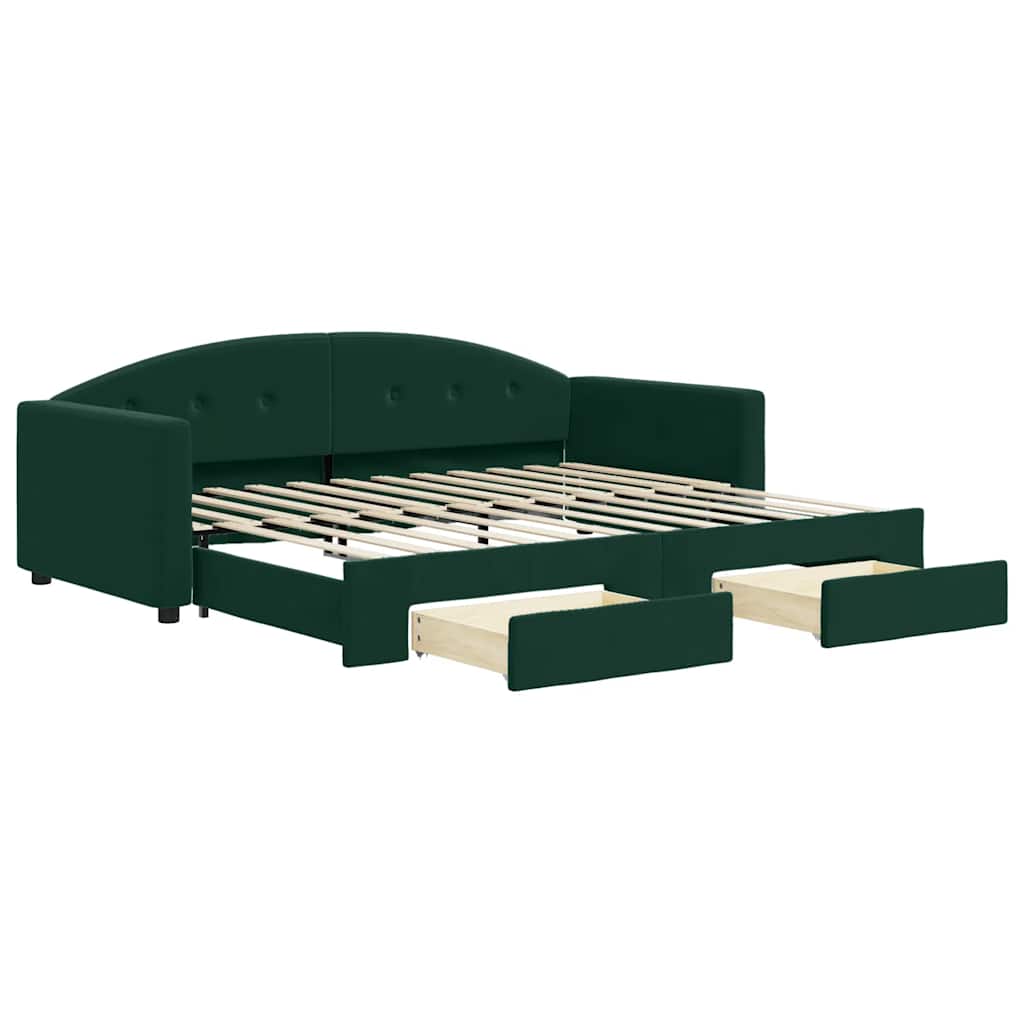 daybed med udtræk og skuffer 90x200 cm velour mørkegrøn