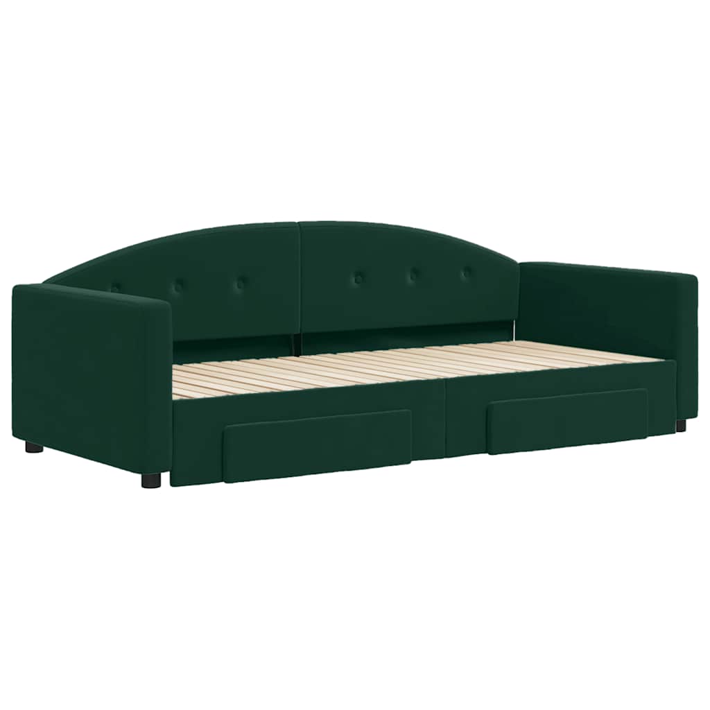 daybed med udtræk og skuffer 90x200 cm velour mørkegrøn