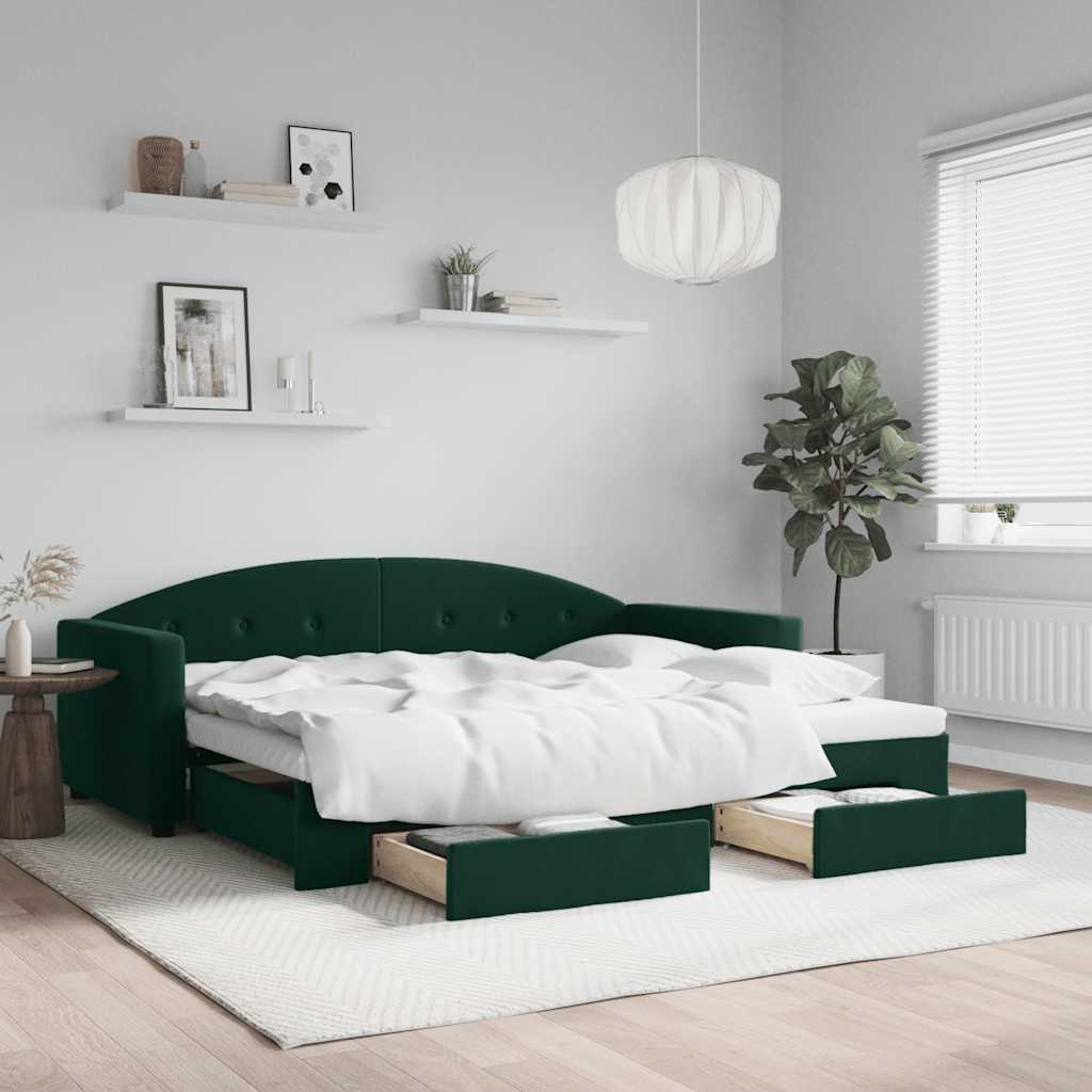 daybed med udtræk og skuffer 90x200 cm velour mørkegrøn