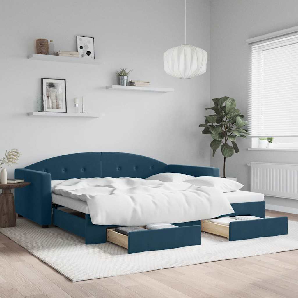 daybed med udtræk og skuffer 100x200 cm velour blå billede