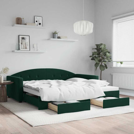 daybed med udtræk og skuffer 100x200 cm velour mørkegrøn