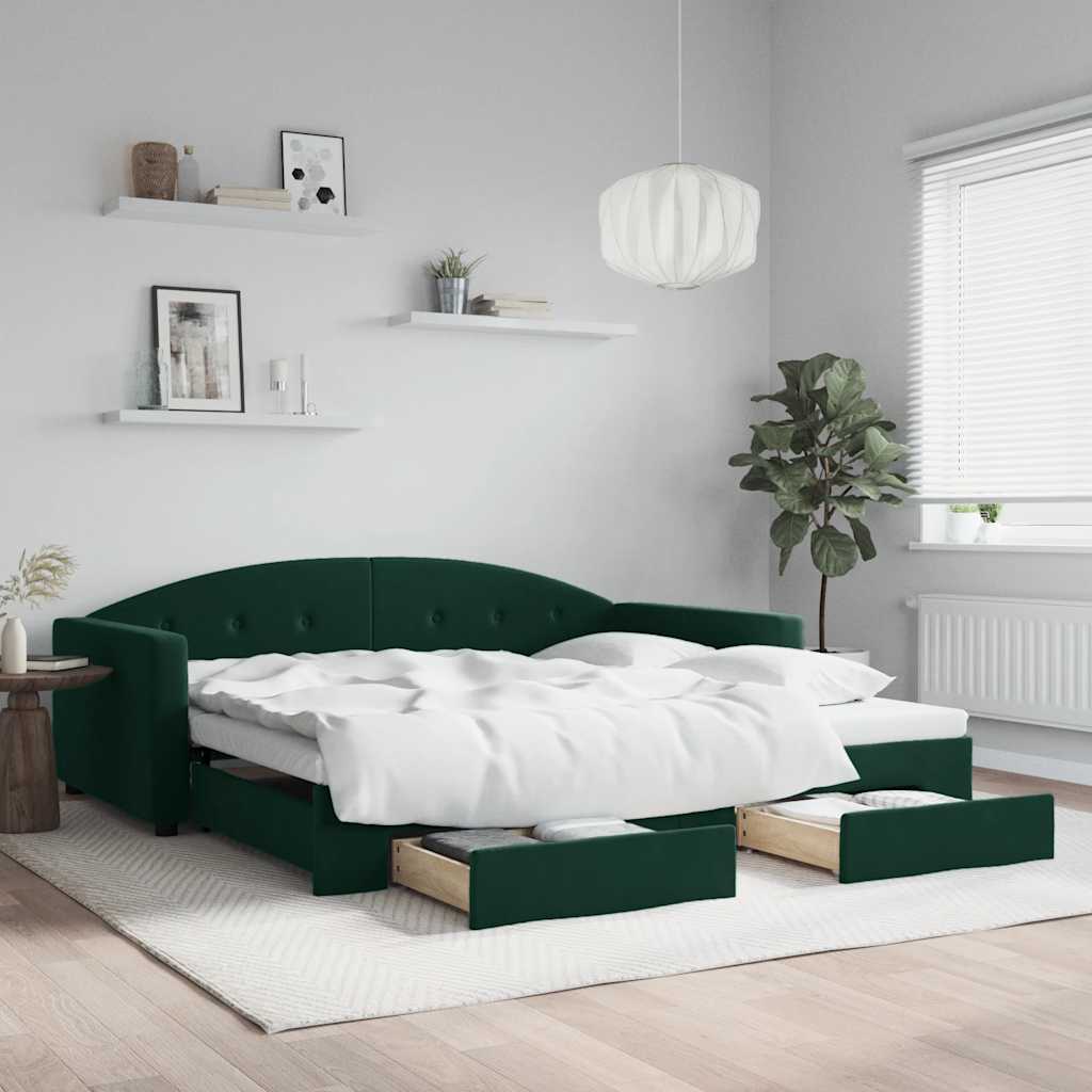 daybed med udtræk og skuffer 100x200 cm velour mørkegrøn billede