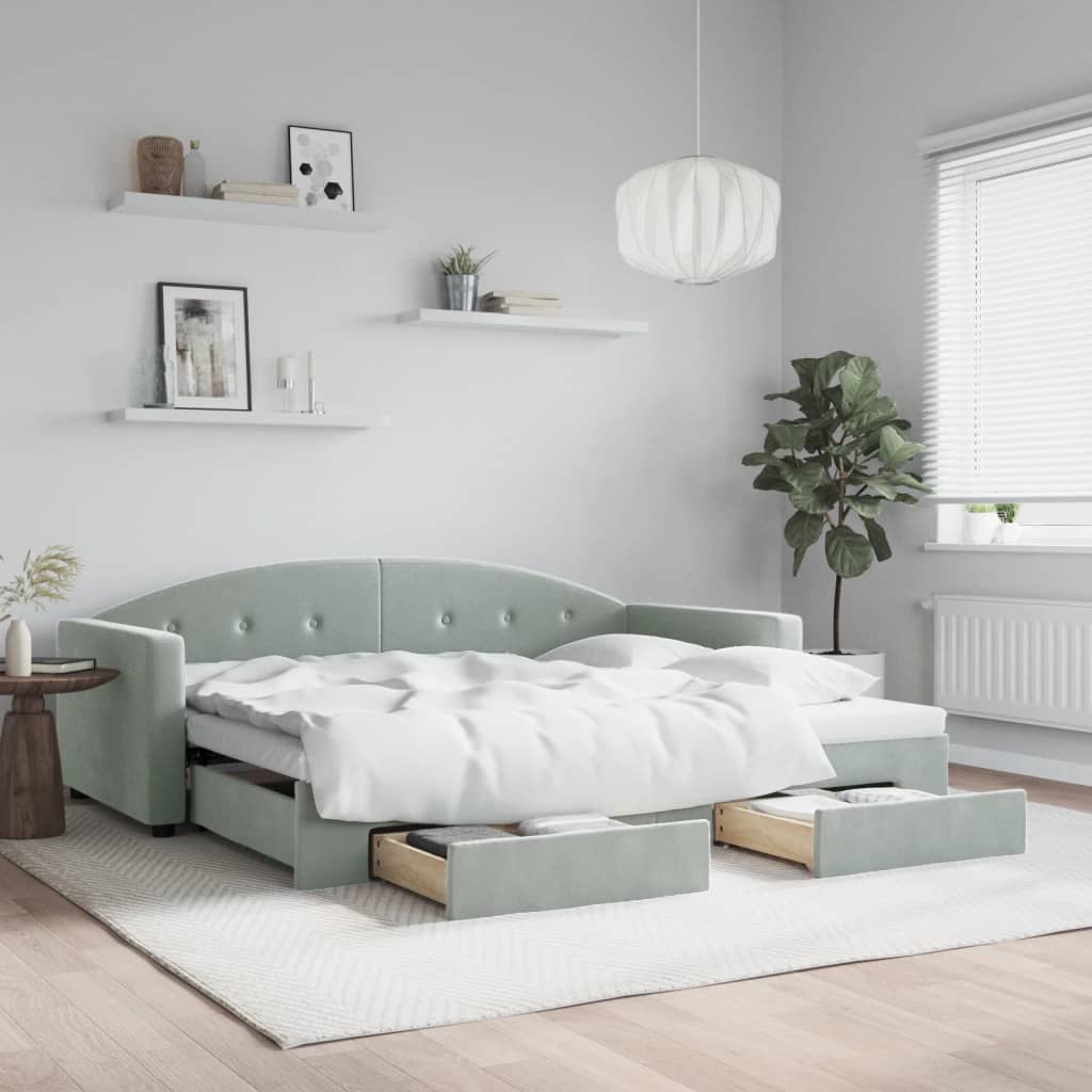daybed med udtræk og skuffer 90x190 cm velour lysegrå