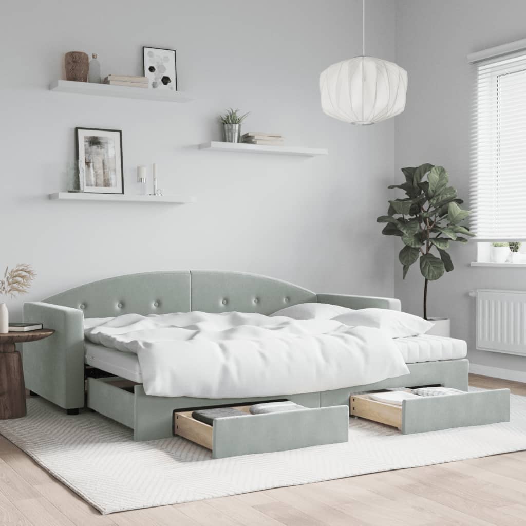 daybed med udtræk og skuffer 80x200 cm velour lysegrå