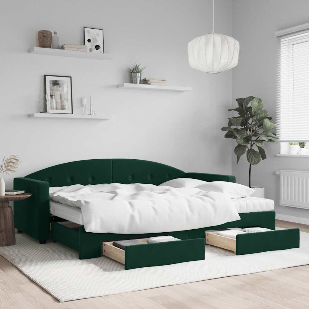daybed med udtræk og skuffer 80x200 cm velour mørkegrøn