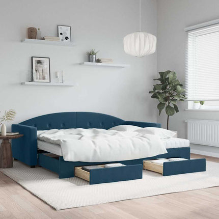 daybed med udtræk og skuffer 90x200 cm velour blå