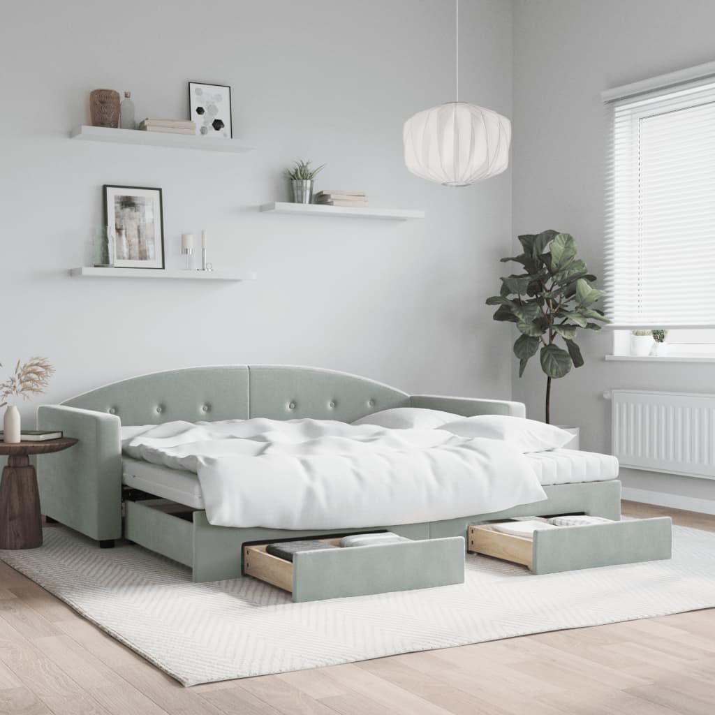 daybed med udtræk og skuffer 90x200 cm velour lysegrå billede