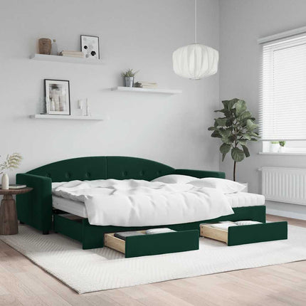 daybed med udtræk og skuffer 90x200 cm velour mørkegrøn