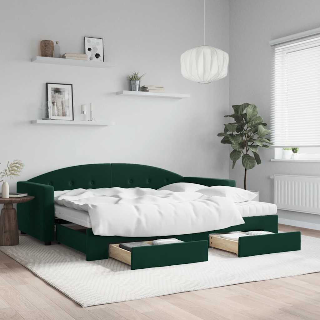 daybed med udtræk og skuffer 90x200 cm velour mørkegrøn billede
