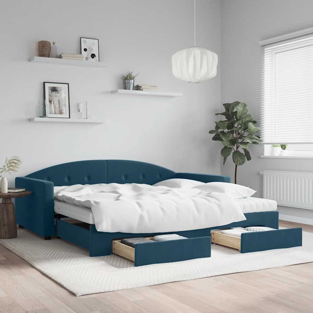daybed med udtræk og skuffer 100x200 cm velour blå billede