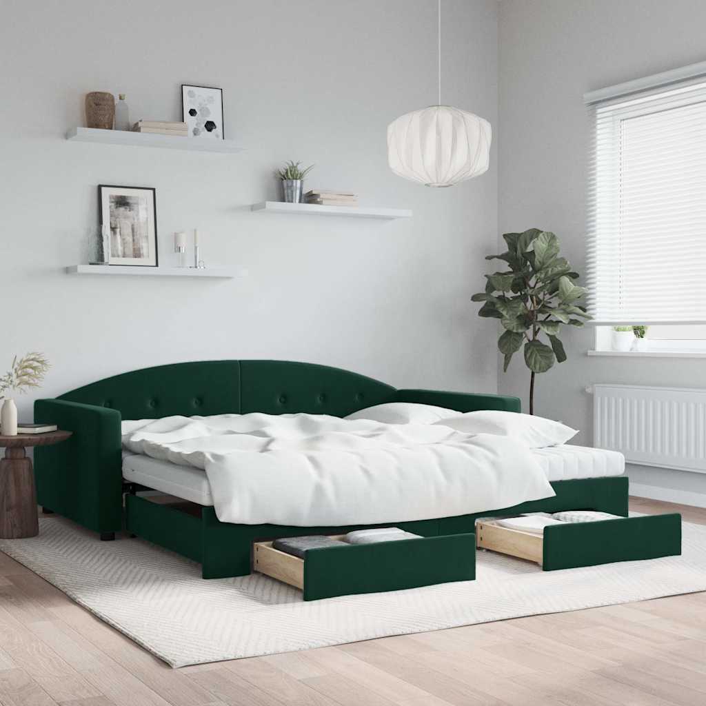 daybed med udtræk og skuffer 100x200 cm velour mørkegrøn billede